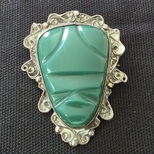 VTG Mexico Sterling Silver  Carved Green Mask Warrior Aztec Mayan Pendant Brooch